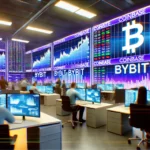 Um escritório de exchange de criptomoedas movimentado, com telas digitais mostrando dados de negociação ao vivo e gráficos que destacam a ascensão da Bybit sobre a Coinbase. O ambiente é moderno e orientado para tecnologia, com vários analistas e traders de diferentes etnias, engajados em suas atividades. O design do escritório é contemporâneo, bem iluminado, com várias estações de trabalho e telas de computador brilhantes, refletindo a natureza dinâmica do comércio de criptomoedas.