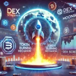 Imagem mostrando a plataforma Moonshot da DEX Screener, destacando suas funcionalidades como o lançamento de memecoins, mecanismo de queima de tokens e interface amigável na rede Solana. A imagem inclui gráficos de moedas, gráficos de desempenho e o logotipo da Solana, com um design futurista que indica inovação e segurança.