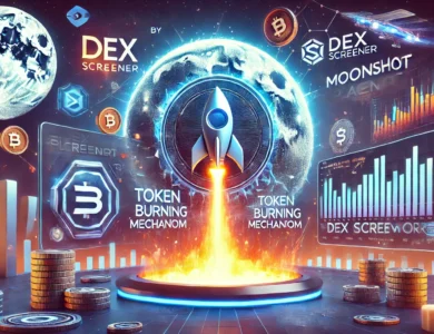 Imagem mostrando a plataforma Moonshot da DEX Screener, destacando suas funcionalidades como o lançamento de memecoins, mecanismo de queima de tokens e interface amigável na rede Solana. A imagem inclui gráficos de moedas, gráficos de desempenho e o logotipo da Solana, com um design futurista que indica inovação e segurança.