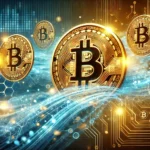 Imagem vibrante e dinâmica ilustrando pools de liquidez do Bitcoin. A imagem apresenta vários símbolos de Bitcoin interconectados com fluxos de dados digitais em movimento, representando a liquidez. O fundo tem um design futurista com tons de azul e dourado, simbolizando valor e inovação no mercado de criptomoedas. A fluidez e a interconexão dos elementos capturam a essência dos pools de liquidez.