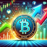 Ilustração dinâmica de uma moeda de criptomoeda rotulada como "BONK" com setas apontando para cima e para baixo, representando a volatilidade. No fundo, um gráfico mostra preços flutuantes e ícones de redes sociais indicando dominância social. A imagem utiliza cores vibrantes como azul, verde e vermelho para simbolizar os altos e baixos do mercado, sendo visualmente atraente para chamar a atenção dos leitores.