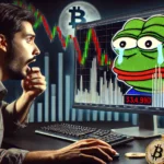 Um trader chocado olha para a tela do computador que exibe uma enorme perda no investimento em criptomoeda. A tela mostra gráficos despencando, com destaque para a memecoin PEPE. O fundo apresenta tons escuros, enfatizando a gravidade da perda financeira.