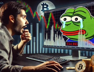 Um trader chocado olha para a tela do computador que exibe uma enorme perda no investimento em criptomoeda. A tela mostra gráficos despencando, com destaque para a memecoin PEPE. O fundo apresenta tons escuros, enfatizando a gravidade da perda financeira.