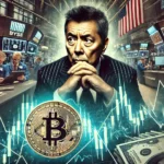 A imagem ilustra a volatilidade do Bitcoin com um gráfico mostrando picos e quedas acentuadas. O fundo revela um mercado de ações caótico, com traders visivelmente preocupados. Em destaque, uma imagem proeminente de Robert Kiyosaki, sério e contemplativo, reforça o clima de incerteza financeira, refletindo seu conselho cauteloso sobre o mercado de criptomoedas.