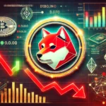 Gráfico de queda de preço da Shiba Inu (SHIB) com elementos de análise de dados ao fundo, destacando a correção de preço significativa e a volatilidade do mercado.