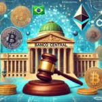 Imagem do Banco Central do Brasil com símbolos de criptomoedas como Bitcoin e Ethereum flutuando ao redor, representando a nova regulação do mercado de ativos virtuais. Na cena, há um martelo de juiz e um documento legal simbolizando a regulamentação, além de um gráfico mostrando estabilidade e crescimento. Ao fundo, o equilíbrio entre tecnologia e finanças é destacado.