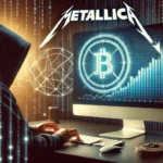 Imagem de uma tela de computador exibindo o logotipo do Metallica e um gráfico indicando uma queda acentuada no valor de uma criptomoeda, com elementos visuais sugerindo um ataque cibernético e a figura sombria de um hacker ao fundo. A cena captura a tensão e o impacto de uma atividade fraudulenta no mercado de criptomoedas.