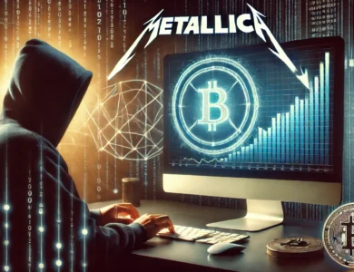 Imagem de uma tela de computador exibindo o logotipo do Metallica e um gráfico indicando uma queda acentuada no valor de uma criptomoeda, com elementos visuais sugerindo um ataque cibernético e a figura sombria de um hacker ao fundo. A cena captura a tensão e o impacto de uma atividade fraudulenta no mercado de criptomoedas.