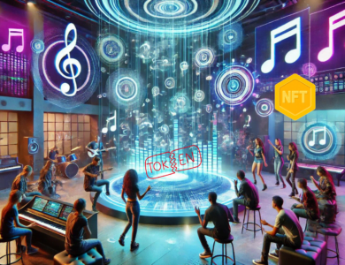 Um estúdio de música futurista com tecnologia avançada e displays holográficos exibindo notas musicais e tokens digitais flutuantes. O ambiente é iluminado por cores neon como azul, verde e roxo. No fundo, músicos diversos, incluindo uma cantora de R&B e um rapper, interagem com os elementos holográficos, demonstrando excitação e engajamento. O estúdio também apresenta instrumentos musicais modernos.
