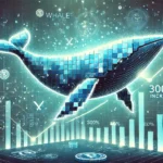 Imagem de uma baleia composta por pixels digitais em tons de azul e verde, simbolizando as "baleias" do mercado de criptomoedas. Ao fundo, um gráfico em ascensão descendente ilustra o aumento de 300% no volume de transações, evidenciando o crescimento financeiro. Elementos digitais, como redes e moedas criptográficas, complementam a cena, destacando o tema da tecnologia e finanças. A estética é moderna e adequada para um artigo de notícias de negócios ou tecnologia.