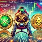 Imagem ilustrativa de três altcoins relacionadas a jogos: MultiversX, Axie Infinity e Notcoin. Cada moeda é representada por um ícone temático de jogos. O fundo mostra um gráfico digital de ações com linhas oscilantes, indicando volatilidade no mercado. Cores vibrantes, com uma mistura de vermelho e verde, representam as altas e baixas do mercado. Elementos sutis de um ambiente de jogos, como controladores de videogame e headsets de realidade virtual, estão integrados ao fundo para destacar o aspecto de jogos dessas altcoins.