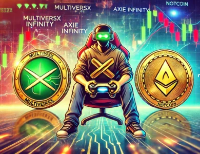 Imagem ilustrativa de três altcoins relacionadas a jogos: MultiversX, Axie Infinity e Notcoin. Cada moeda é representada por um ícone temático de jogos. O fundo mostra um gráfico digital de ações com linhas oscilantes, indicando volatilidade no mercado. Cores vibrantes, com uma mistura de vermelho e verde, representam as altas e baixas do mercado. Elementos sutis de um ambiente de jogos, como controladores de videogame e headsets de realidade virtual, estão integrados ao fundo para destacar o aspecto de jogos dessas altcoins.