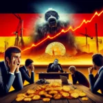 Gráfico dramático mostrando a queda do preço do Bitcoin abaixo de US$ 61.000, com investidores preocupados ao fundo, símbolos de Bitcoin, mineradores, ETFs e a bandeira da Alemanha.