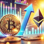 Gráfico ilustrando o crescimento do Bitcoin e Ethereum, com setas apontando para cima, destacando as tendências positivas e o ambiente otimista do mercado de criptomoedas em julho.