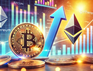 Gráfico ilustrando o crescimento do Bitcoin e Ethereum, com setas apontando para cima, destacando as tendências positivas e o ambiente otimista do mercado de criptomoedas em julho.