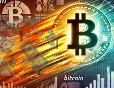 Imagem dinâmica e audaciosa ilustrando o conceito de o Bitcoin potencialmente substituir o dólar. A imagem apresenta um grande símbolo do Bitcoin ofuscando um sinal de dólar desbotado. O fundo inclui elementos financeiros como gráficos, tabelas e um mapa-múndi, simbolizando a mudança financeira global. Cores brilhantes e contrastantes fazem o símbolo do Bitcoin se destacar proeminentemente.