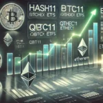 Imagem inclui um gráfico digital mostrando as porcentagens de desempenho de vários ETFs, com foco nos ETFs da Hashdex. O fundo apresenta símbolos de todas as criptomoedas como Bitcoin e Ethereum, além de elementos do mercado de ações, como gráficos e setas de crescimento. O design é moderno e limpo, com um esquema de cores escuras e destaques em verde para indicar desempenho positivo