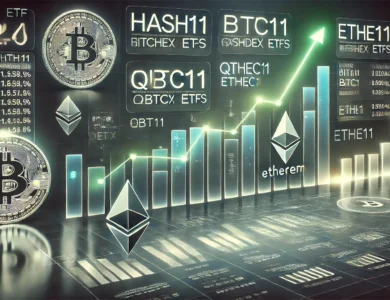 Imagem inclui um gráfico digital mostrando as porcentagens de desempenho de vários ETFs, com foco nos ETFs da Hashdex. O fundo apresenta símbolos de todas as criptomoedas como Bitcoin e Ethereum, além de elementos do mercado de ações, como gráficos e setas de crescimento. O design é moderno e limpo, com um esquema de cores escuras e destaques em verde para indicar desempenho positivo