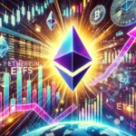 Ilustração vibrante mostrando o entusiasmo em torno do lançamento dos ETFs de Ethereum. A imagem apresenta o logotipo do Ethereum, gráficos de mercado em ascensão e investidores animados em um ambiente futurista e tecnológico.