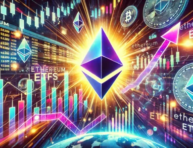 Ilustração vibrante mostrando o entusiasmo em torno do lançamento dos ETFs de Ethereum. A imagem apresenta o logotipo do Ethereum, gráficos de mercado em ascensão e investidores animados em um ambiente futurista e tecnológico.