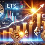 Gráfico dinâmico mostrando o crescimento dos ETFs de criptomoedas, incluindo ícones de Bitcoin e Ethereum, com tema financeiro digital ao fundo.