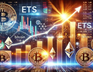 Gráfico dinâmico mostrando o crescimento dos ETFs de criptomoedas, incluindo ícones de Bitcoin e Ethereum, com tema financeiro digital ao fundo.
