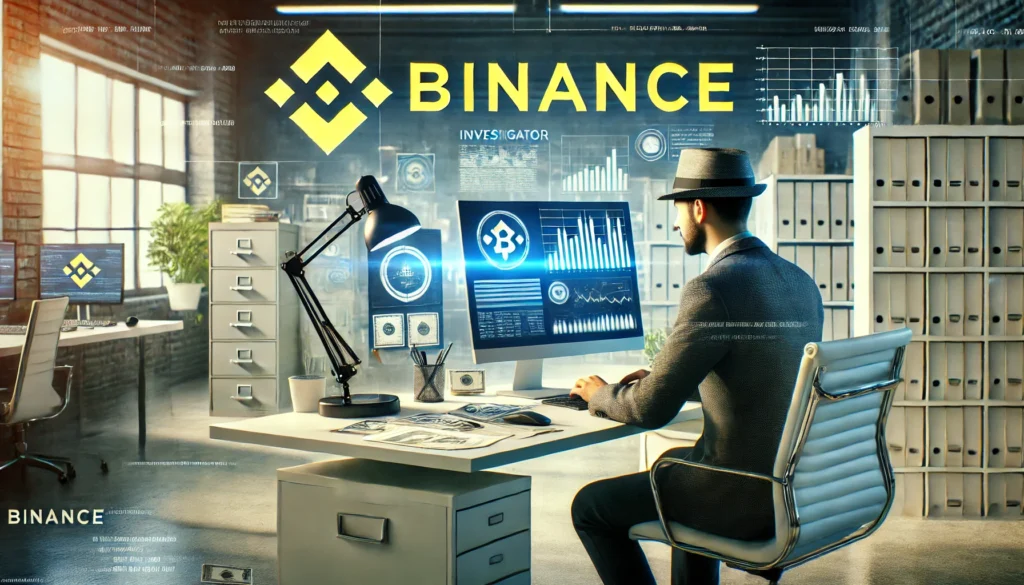 Investigador de atividades suspeitas da Binance analisando dados em um ambiente corporativo, com a logomarca da empresa ao fundo e documentos espalhados sobre a mesa.