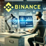 Investigador de atividades suspeitas da Binance analisando dados em um ambiente corporativo, com a logomarca da empresa ao fundo e documentos espalhados sobre a mesa.