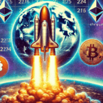 Imagem ilustra o conceito de "Criptos que vão para a Lua 2024". Ela apresenta um foguete detalhado decolando para o espaço, com logos proeminentes de Bitcoin, Ethereum e Pepe Coin, em um fundo de céu noturno estrelado com uma lua detalhada, transmitindo um senso de potencial vasto e impulso ascendente.