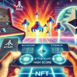 Imagem do jogo Asteroids da Atari com destaque para NFT e blockchain.