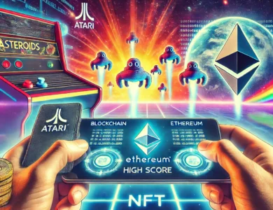 Imagem do jogo Asteroids da Atari com destaque para NFT e blockchain.