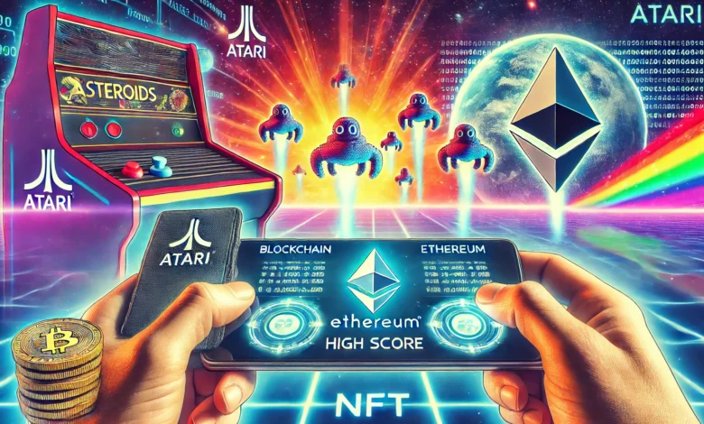 Imagem do jogo Asteroids da Atari com destaque para NFT e blockchain.