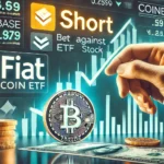 Imagem ilustrando uma notícia financeira sobre um novo ETF que permite apostar contra as ações da Coinbase. O fundo está representado pelo ticker 'FIAT' e um gráfico de preços em declínio ao fundo, junto com o logotipo da Coinbase e um sinal de "short" segurado por uma mão. A imagem também inclui pilhas de dinheiro, simbolizando os potenciais ganhos dessa estratégia de investimento.