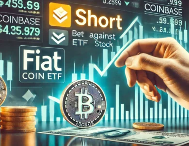 Imagem ilustrando uma notícia financeira sobre um novo ETF que permite apostar contra as ações da Coinbase. O fundo está representado pelo ticker 'FIAT' e um gráfico de preços em declínio ao fundo, junto com o logotipo da Coinbase e um sinal de "short" segurado por uma mão. A imagem também inclui pilhas de dinheiro, simbolizando os potenciais ganhos dessa estratégia de investimento.