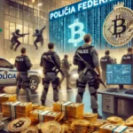 Policiais federais em uma operação, apreendendo barras de ouro e dinheiro, com computadores e gráficos de criptomoedas ao fundo. Cenário urbano com viaturas e agentes uniformizados.