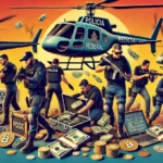 Policiais da Receita Federal e da Polícia Federal do Brasil em ação conjunta durante a Operação Corisco Turbo, utilizando viaturas e um helicóptero. A imagem mostra a apreensão de produtos eletrônicos e criptomoedas ilegais, com policiais cumprindo mandados e realizando buscas em diversos estados. A cena é vibrante e detalhada, destacando elementos de tecnologia e ação policial.