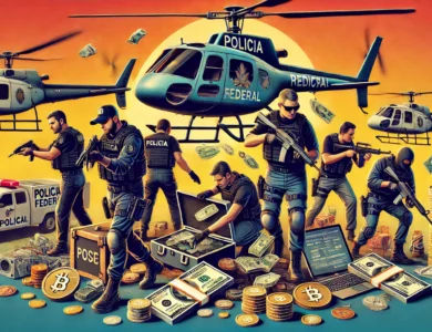 Policiais da Receita Federal e da Polícia Federal do Brasil em ação conjunta durante a Operação Corisco Turbo, utilizando viaturas e um helicóptero. A imagem mostra a apreensão de produtos eletrônicos e criptomoedas ilegais, com policiais cumprindo mandados e realizando buscas em diversos estados. A cena é vibrante e detalhada, destacando elementos de tecnologia e ação policial.