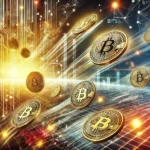 Representação digital de Bitcoins sendo distribuídos rapidamente através de uma rede, simbolizando o processo ágil de pagamento da Mt. Gox para a Bitstamp. A imagem destaca moedas de Bitcoin caindo em um fundo de rede digital, sugerindo urgência e transações financeiras em um estilo moderno e vibrante.