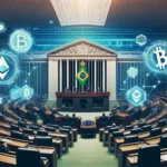 Senado brasileiro discute Reforma Tributária que afeta o mercado de criptomoedas com ícones digitais de Bitcoin e Ethereum sobrepostos.