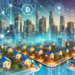 Cidade moderna com arranha-céus e edifícios residenciais representados como tokens digitais, destacando elementos de blockchain e tecnologia avançada.