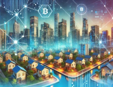 Cidade moderna com arranha-céus e edifícios residenciais representados como tokens digitais, destacando elementos de blockchain e tecnologia avançada.