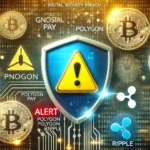 Imagem ilustrando uma violação de segurança digital com símbolos da Gnosis Pay, Polygon, Ripple e NEAR, representando a brecha de dados que afetou esses serviços de criptomoedas.
