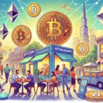 Ilustração mostrando a integração crescente das criptomoedas na vida cotidiana. A imagem apresenta símbolos de Bitcoin, Ethereum e outras moedas digitais sendo usadas em transações diárias. Há uma cena vibrante e moderna, com pessoas realizando pagamentos em criptomoedas em restaurantes populares, e instituições financeiras tradicionais adotando a tecnologia blockchain. O cenário reflete a aceitação e adoção cada vez maior das criptomoedas na economia global.
