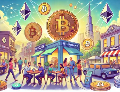 Ilustração mostrando a integração crescente das criptomoedas na vida cotidiana. A imagem apresenta símbolos de Bitcoin, Ethereum e outras moedas digitais sendo usadas em transações diárias. Há uma cena vibrante e moderna, com pessoas realizando pagamentos em criptomoedas em restaurantes populares, e instituições financeiras tradicionais adotando a tecnologia blockchain. O cenário reflete a aceitação e adoção cada vez maior das criptomoedas na economia global.