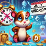 Imagem do hamster do jogo Hamster Kombat com um calendário de julho riscado e símbolos de criptomoedas ao fundo, destacando o atraso no airdrop.