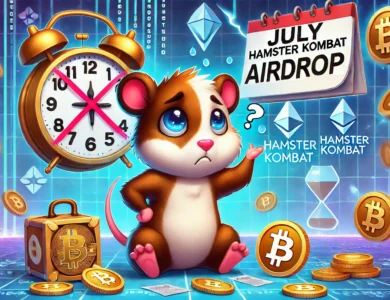 Imagem do hamster do jogo Hamster Kombat com um calendário de julho riscado e símbolos de criptomoedas ao fundo, destacando o atraso no airdrop.