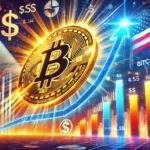 Ilustração vibrante do Bitcoin atingindo novos patamares com gráficos financeiros ascendentes e elementos econômicos ao fundo.