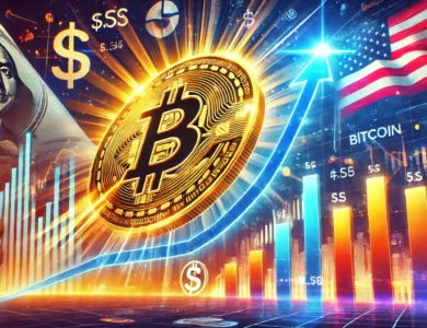 Ilustração vibrante do Bitcoin atingindo novos patamares com gráficos financeiros ascendentes e elementos econômicos ao fundo.