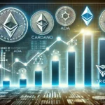 A imagem retangular foi criada para ilustrar essa hard news. Ela mostra um gráfico financeiro dinâmico e futurista, com linhas ascendentes e gráficos de barras, simbolizando o potencial de crescimento das altcoins. Os ícones ou logotipos de Avalanche (AVAX), Cardano (ADA), Toncoin (TON), Solana (SOL) e TRON (TRX) estão destacados no design. O fundo tem um visual digital e de alta tecnologia, com tons de azul e verde, transmitindo otimismo e um potencial de crescimento significativo.