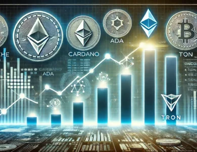 A imagem retangular foi criada para ilustrar essa hard news. Ela mostra um gráfico financeiro dinâmico e futurista, com linhas ascendentes e gráficos de barras, simbolizando o potencial de crescimento das altcoins. Os ícones ou logotipos de Avalanche (AVAX), Cardano (ADA), Toncoin (TON), Solana (SOL) e TRON (TRX) estão destacados no design. O fundo tem um visual digital e de alta tecnologia, com tons de azul e verde, transmitindo otimismo e um potencial de crescimento significativo.